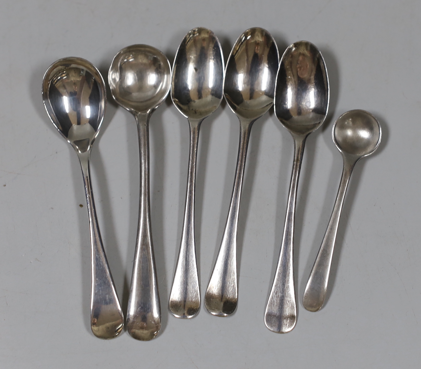 Three 18th century silver snuff spoons, 79mm and three later silver condiment spoons, 31 grams.